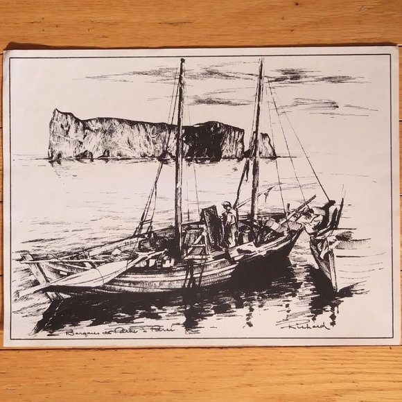 Québec Original Art Engraving Print/Barques de Pêche à Persée Signed Richard - Picture 1 of 4